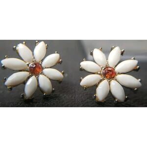 Vintage Orange White Glass Earrings Stud Daisies 60's